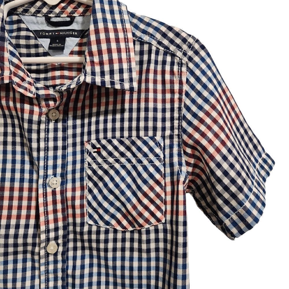 Tommy Hilfiger Boys Checkered Button Down Shirt Short Sleeve Size 6